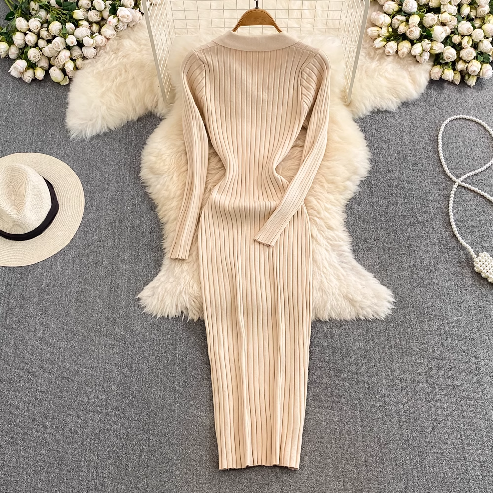 Langärmliges, mittellanges Strickkleid mit V-Ausschnitt für Herbst und Winter für Damen 1368
