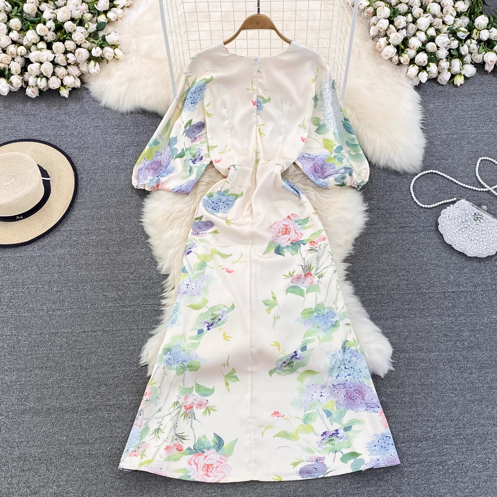 Retro-Tuschemalerei-Druckkleid mit tiefem V-Ausschnitt, Sommer 1591