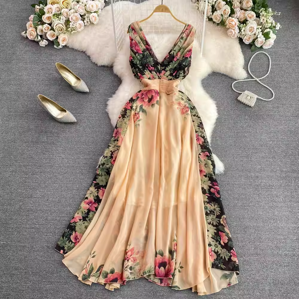 Elegantes bedrucktes A-Linien-Kleid mit V-Ausschnitt 1607
