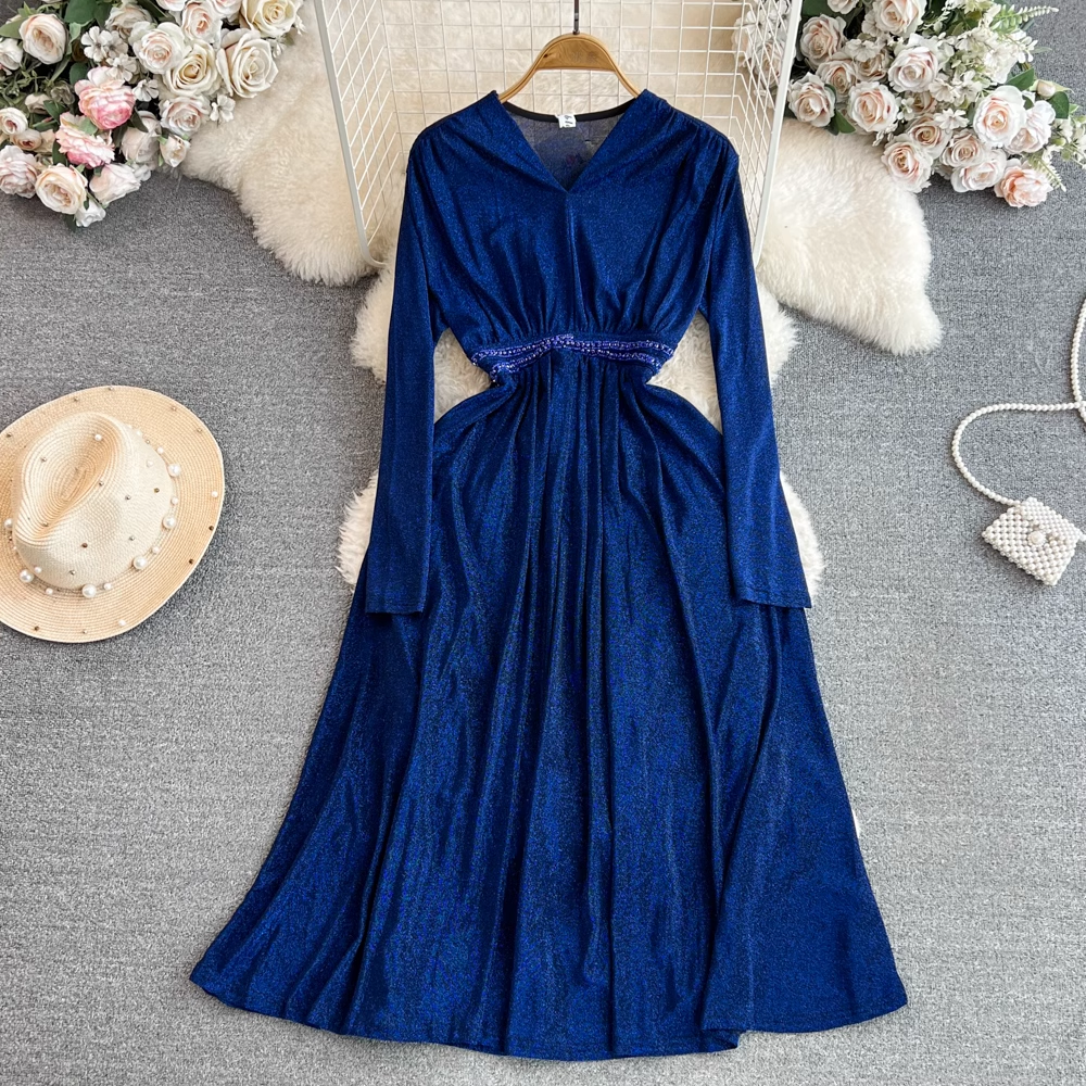 Robe trapèze mi-longue à manches longues et col en V pour femme, modèle printemps-automne 1480