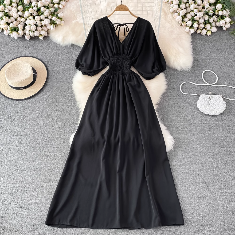 Sommerliches koreanisches Retro-Kleid mit V-Ausschnitt und kurzen Ärmeln in A-Linie, elegantes Kleid 1583