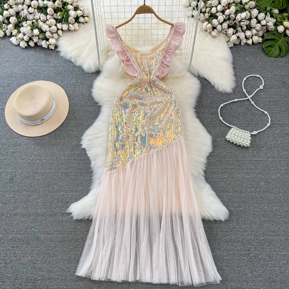 Sequin V Neck Backless Evening Dress Meshmermaid Dress 1352