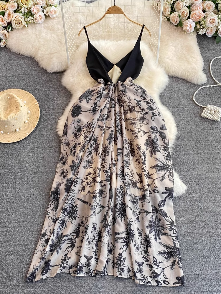 Retro V Neck Backless A Line Ink Painting Printed Skirt 1627