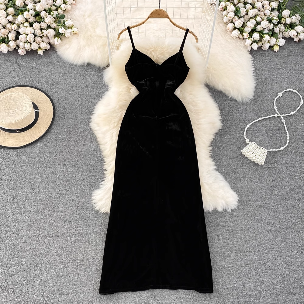 V Neck High Slit Velvet Dress Black Evening Dress 1601