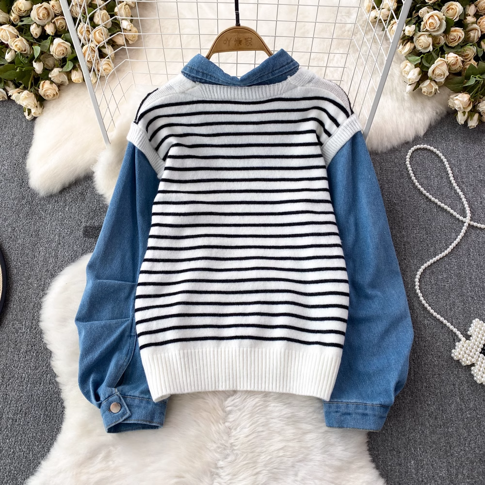 Pull rayé à col polo en denim pour femme, haut décontracté, collection automne 1400