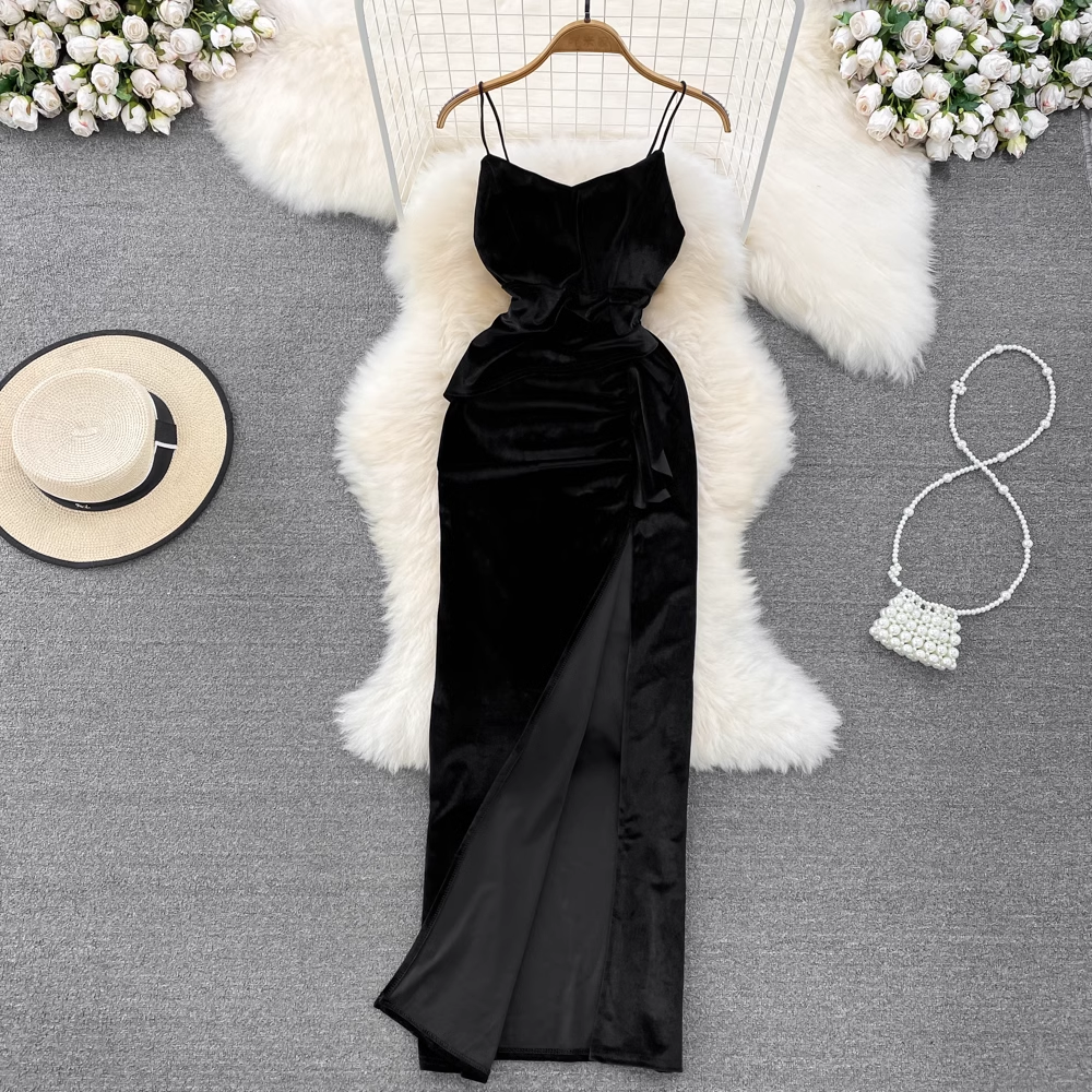 Abendkleid aus Samt mit Spaghettiträgern, rückenfreies Retro-Abendkleid mit Schlitz 1623