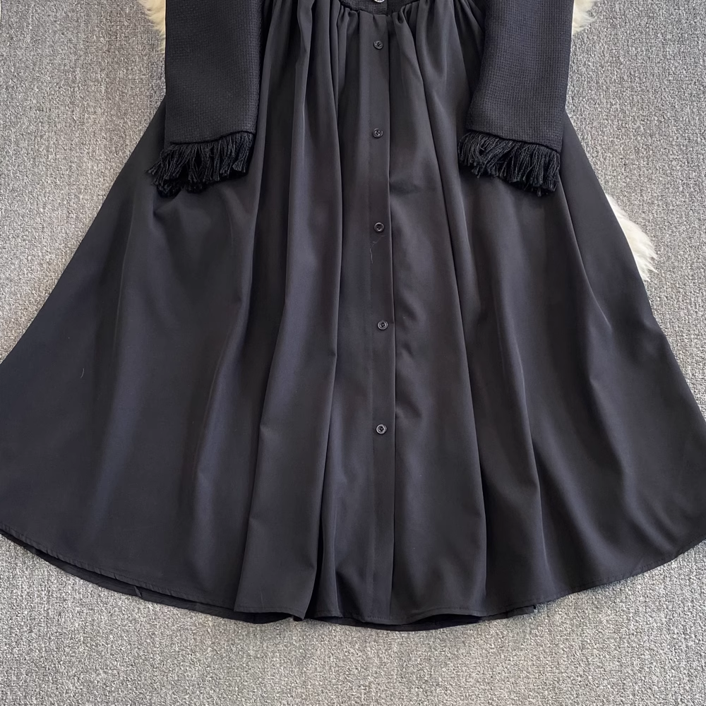 Robe bouffante trapèze à manches longues et col rond à franges pour femme, automne et hiver 1373