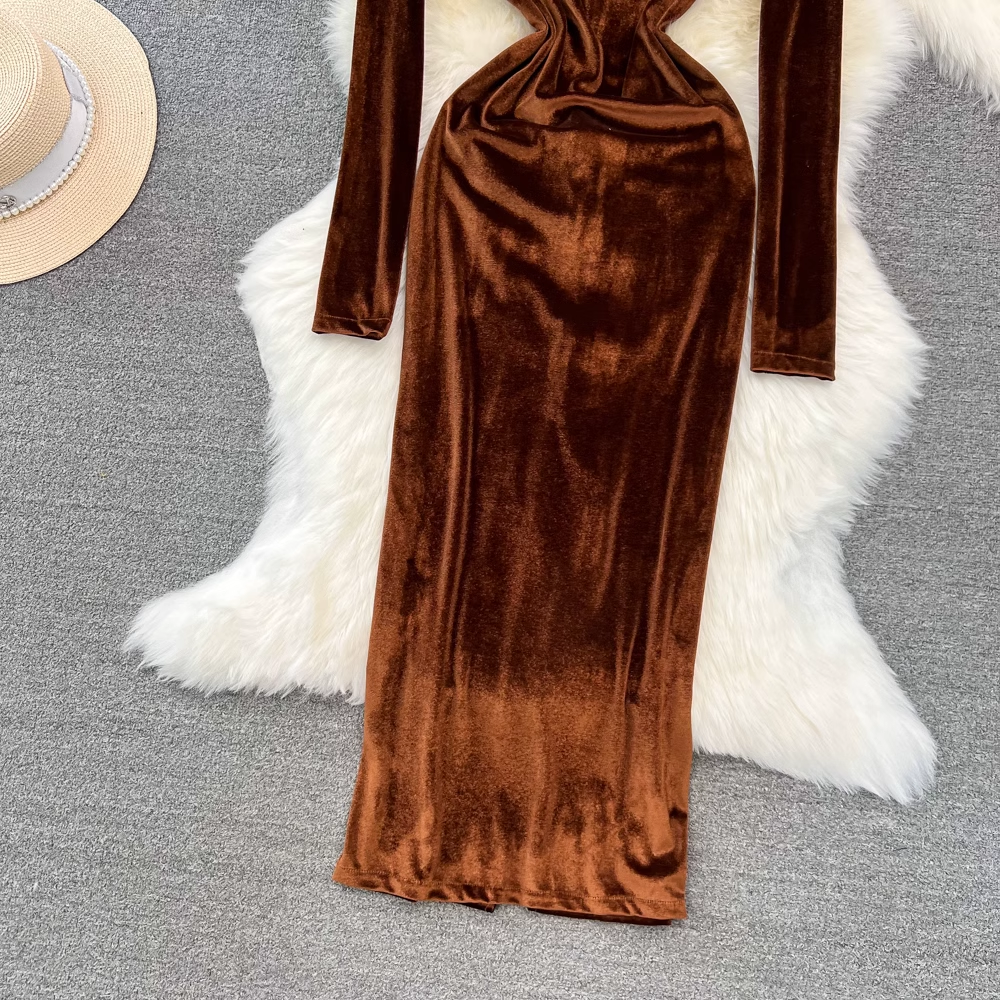Herbst und Winter langärmeliges, mittellanges Samtkleid mit quadratischem Kragen 1361