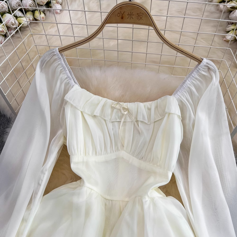 Feenhaftes, langärmliges A-Linien-Rüschenkleid mit quadratischem Ausschnitt, Herbstkleid 1655