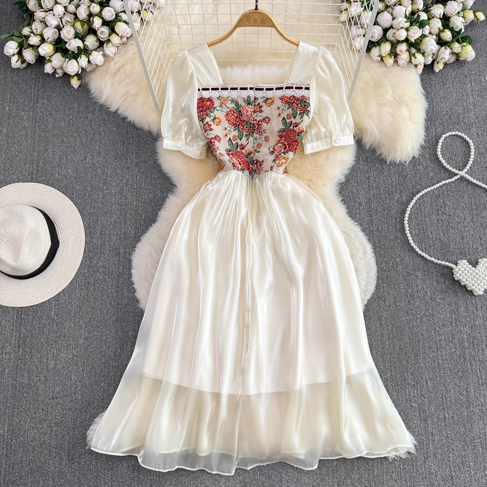 Fairy Short Sleeves Square Collar Mid Length A Line Dress 1658