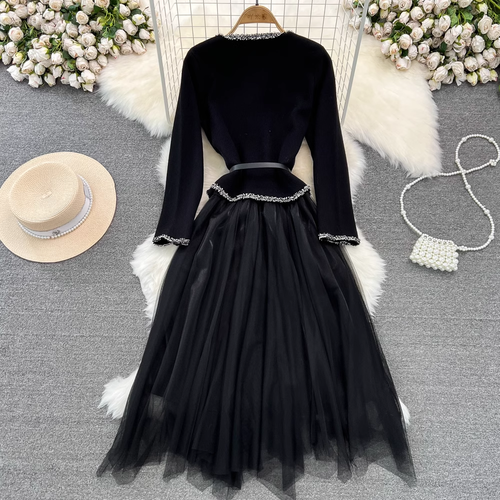 Herbst und Winter Retro-Langarm-Rundhals-Mesh-Strickkleid in A-Linie 1352