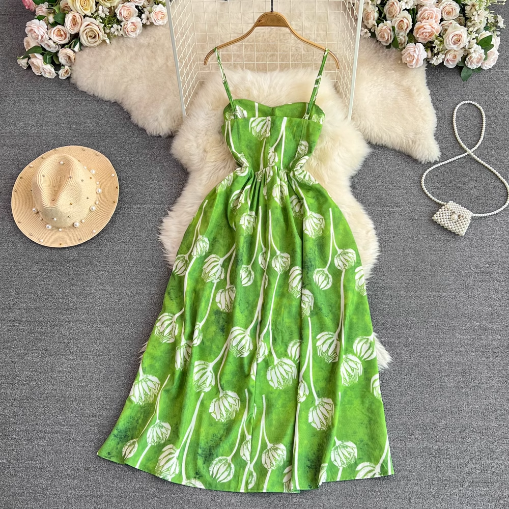 Grünes, ärmelloses, rückenfreies, bedrucktes Retro-Sommerkleid in A-Linie 1650