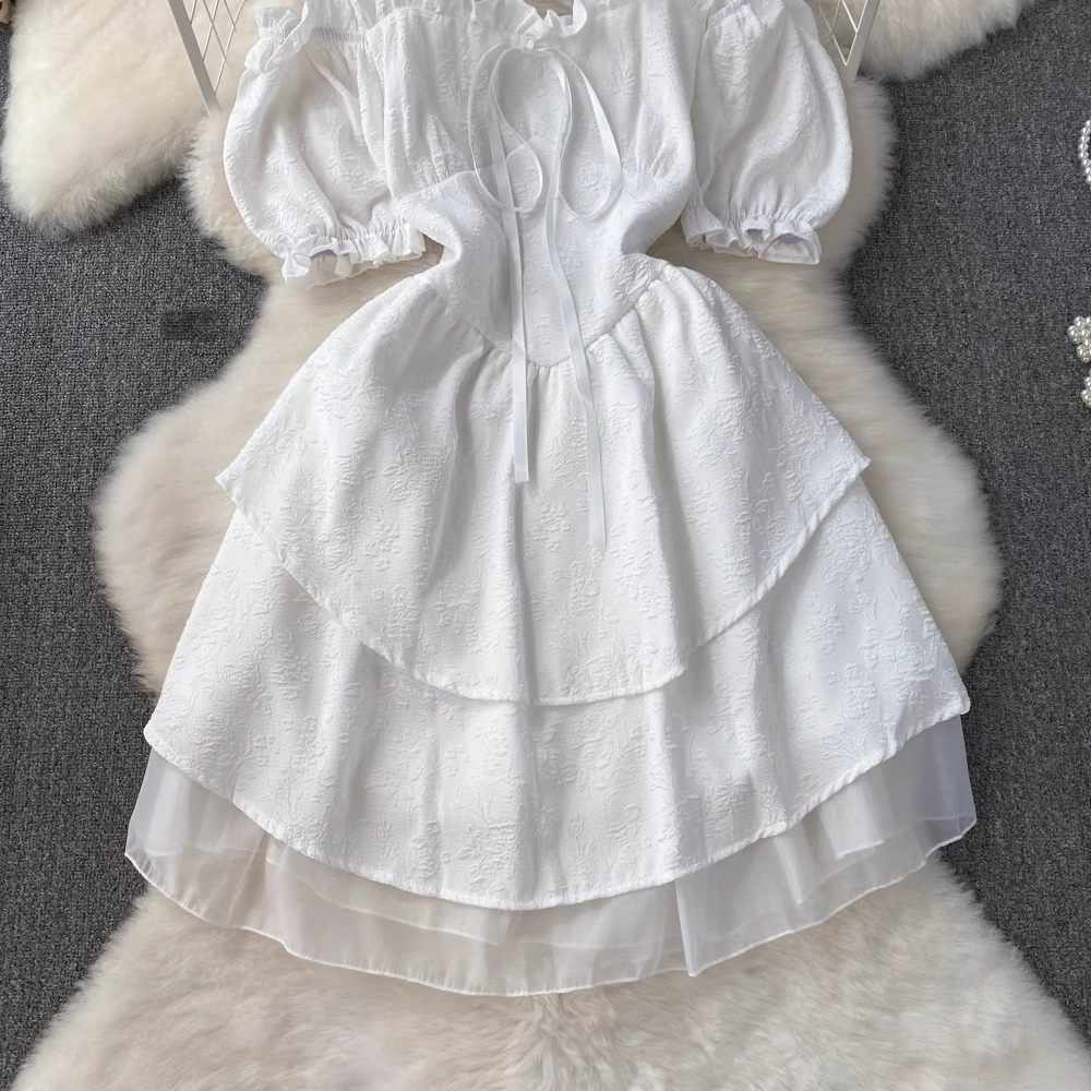 French Shoulder Strapless A Line Fluffy Princess Dress Summer 1687