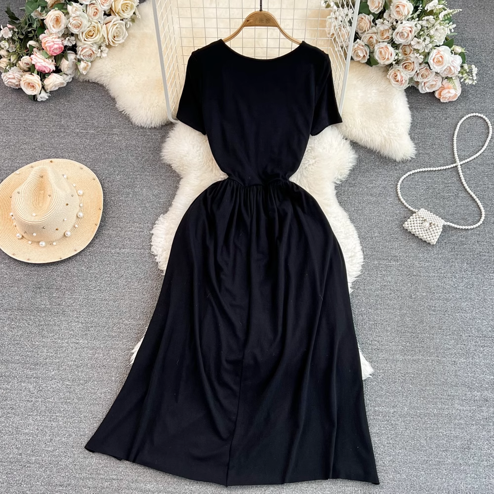 Summer Retro Short-sleeved V Neck Slit A Line Elegant Dress 1675