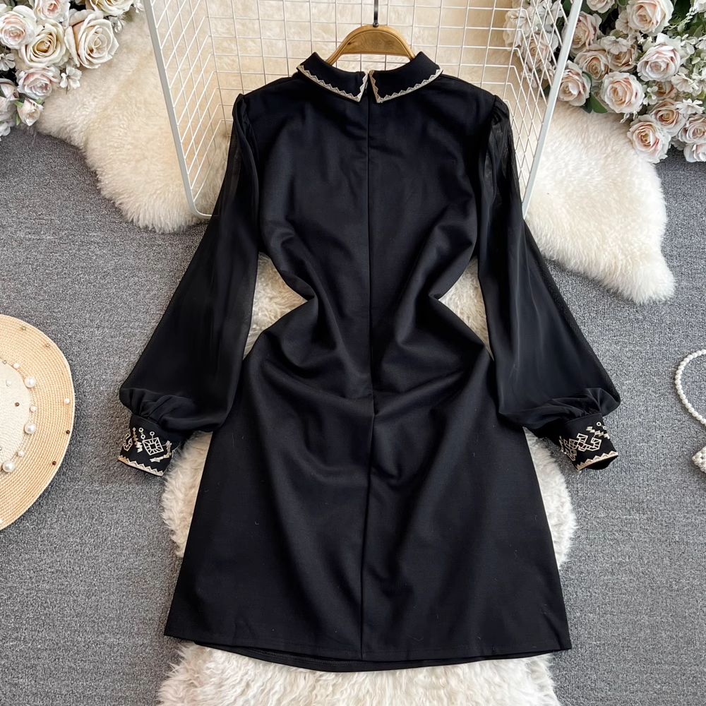 Robe trapèze mi-longue brodée à manches longues, printemps et automne 1706