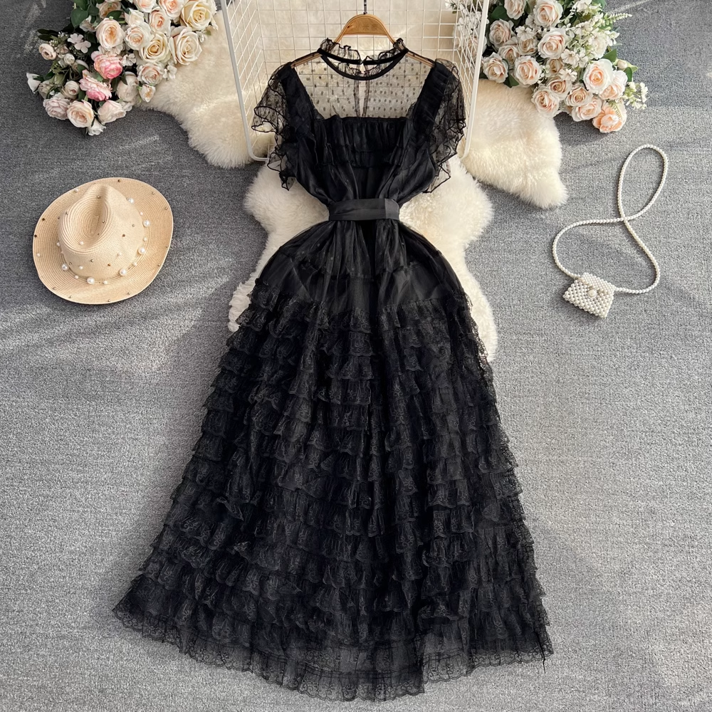 Sommer A-Linie Mesh Lagenkleid Elegantes Kleid Langer Rock 1684