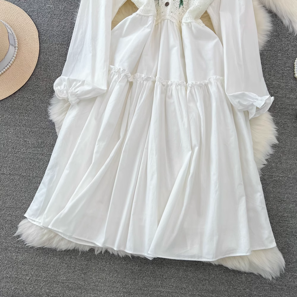 Frühling und Herbst Fairy Sweet Bubble Langarm V-Ausschnitt Hohl A-Linie Kleid 1336