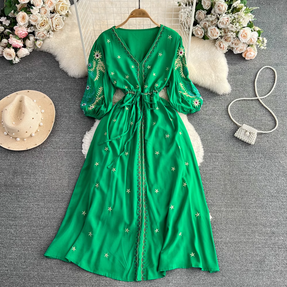 Summer Retro Bohemian V Neck Embroidered Mid Length A Line Dress 1689