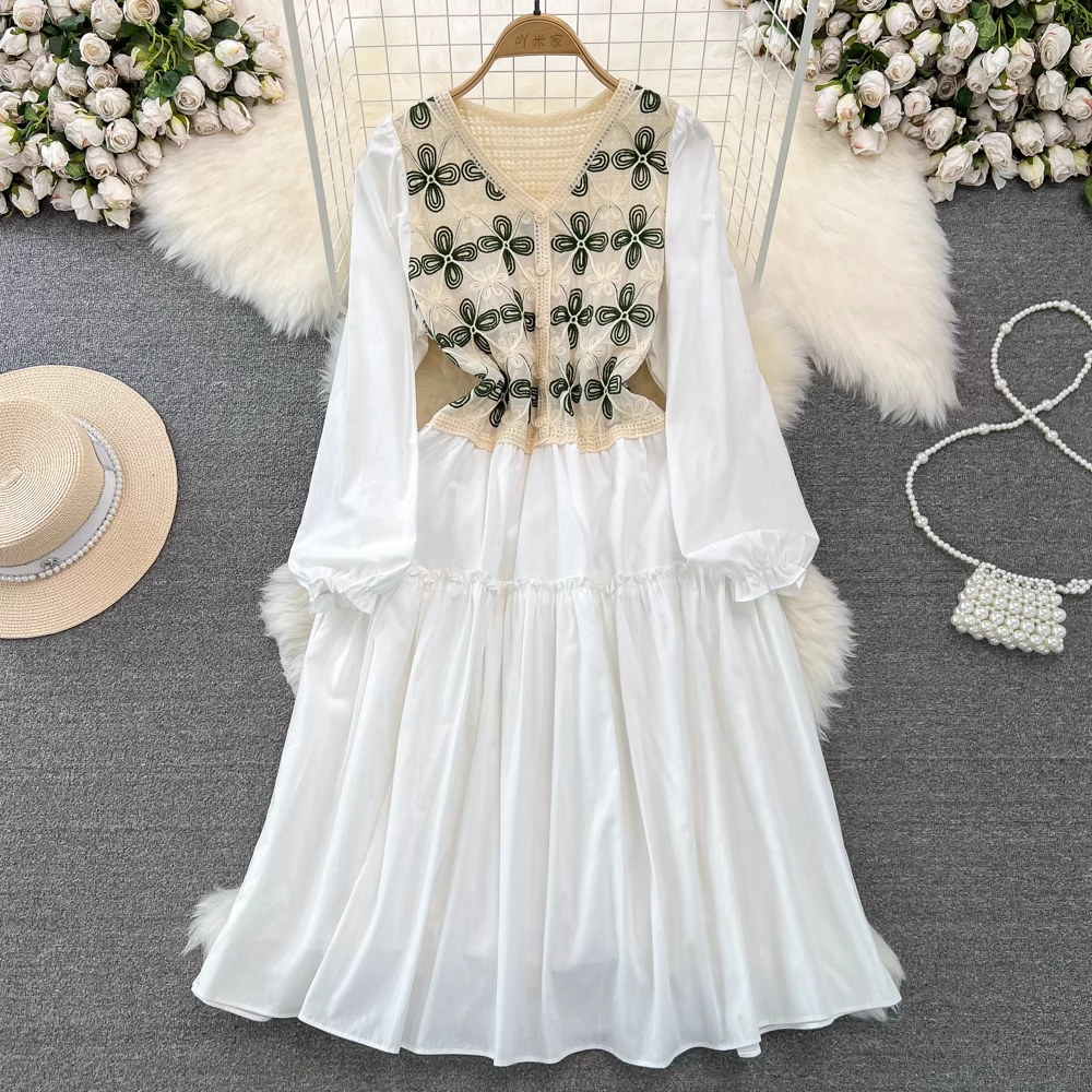 Fairy Sweet Bubble Langarm-Strickkleid in mittlerer Länge mit V-Ausschnitt und A-Linie 1354