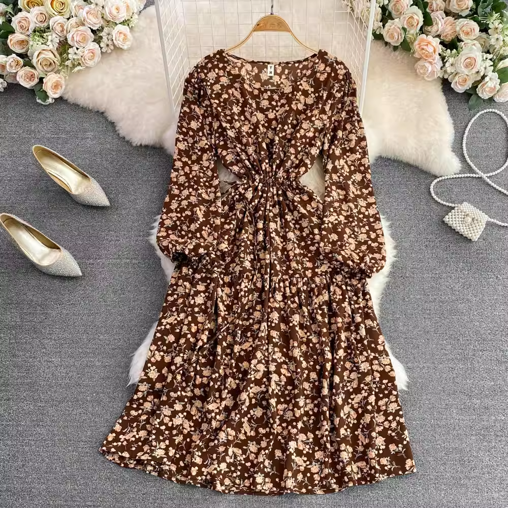 Frühlingsrosa elegantes Blumenkleid mit Rundhalsausschnitt 1606