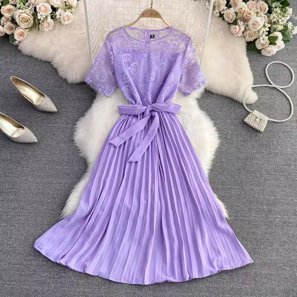 Summer Round Neck Elegant Lace A Line Pleated Dress 1571
