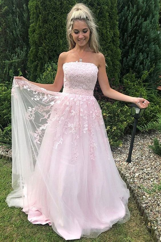 Trägerloses rosa Tüll-A-Linien-Ballkleid mit Applikationen, süßes Geburtstagspartykleid 2396