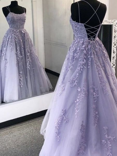 Robe de bal trapèze violet clair à bretelles spaghetti et appliques en tulle 2143