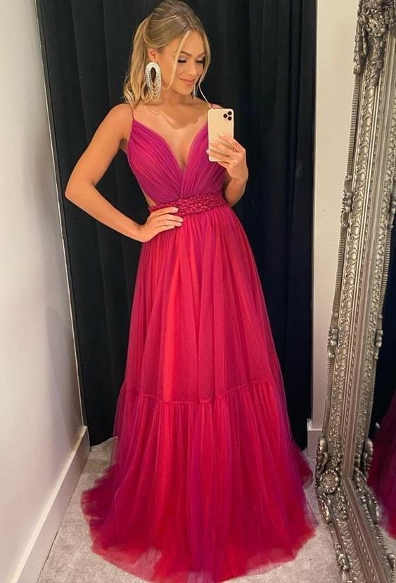Spaghettiträger Rosa Tüll Ballkleid A-Linie Formelles Abendkleid 2236