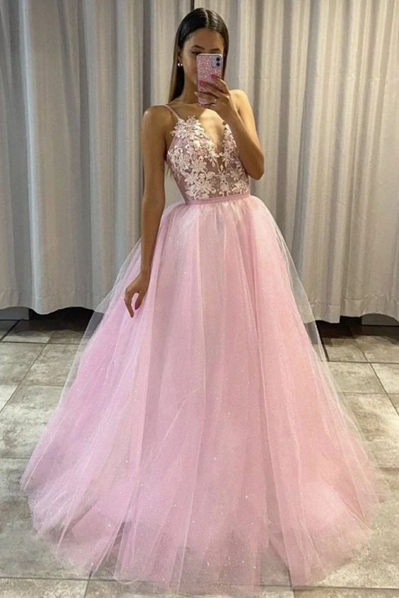 A-Line V Neck Pink Lace Long Prom Dress Applique Formal Dresses 2203