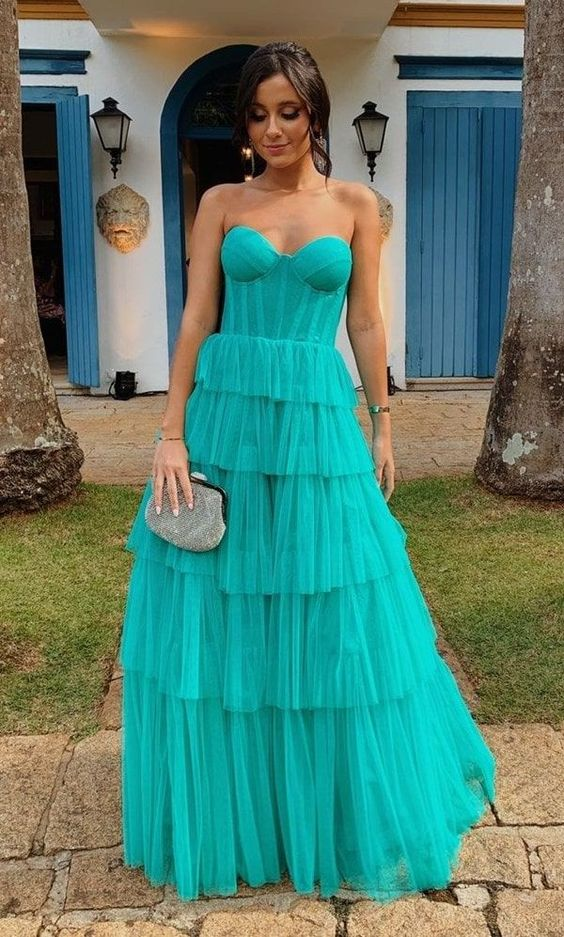 Pink Ruffles Strapless A-Line Prom Dress Evening Gown