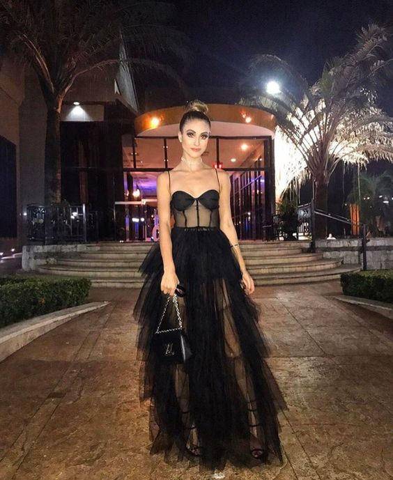 Spaghettiträger, schwarzes A-Linien-Abschlussballkleid, Tüll-Abendkleid 2192