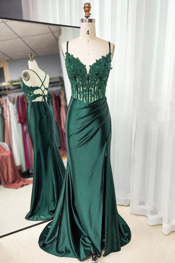 Robe de bal sirène verte à bretelles spaghetti et fente en satin 2295
