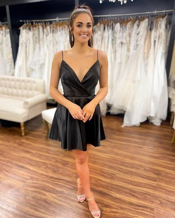 Schwarzes kurzes Satin-Cocktailkleid in A-Linie, Heimkehrkleid 2376