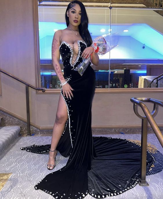 Robe de soirée sirène en velours noir 2229