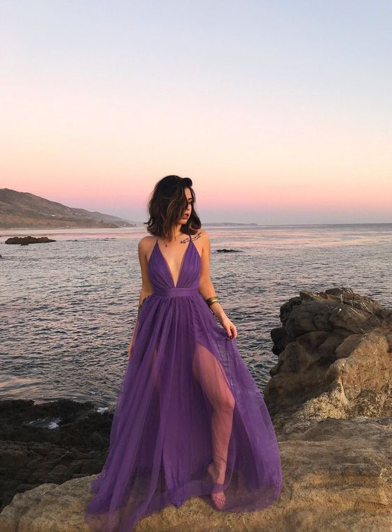 Purple Tulle Long Prom Dresses Split Evening Dress 2256