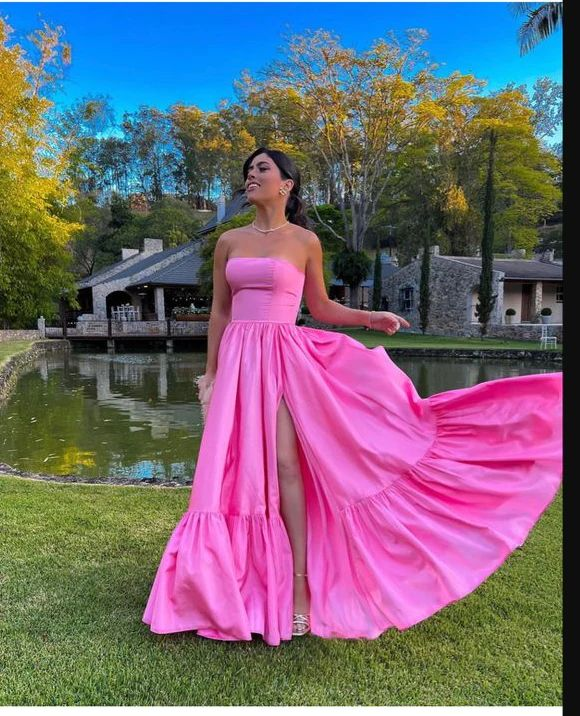 Trägerloses rosa A-Linien-Ballkleid aus Satin, Abschlusskleid 2261