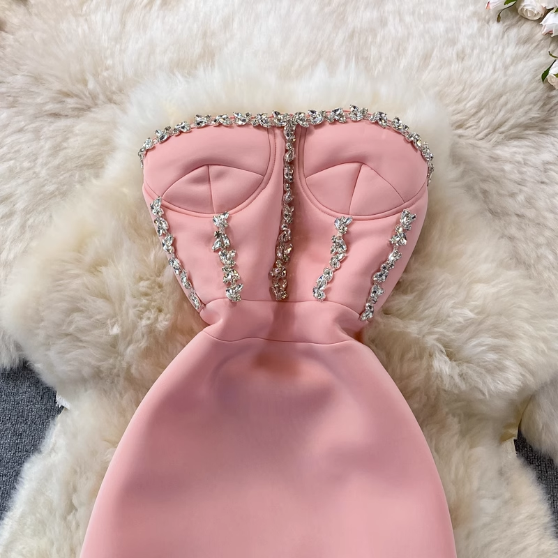 Robe de soirée fourreau à perles et haut tube, dos nu, avec strass 1765