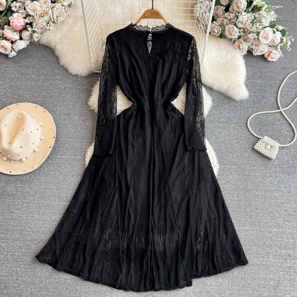 Robe longue élégante en dentelle française printemps-automne, col rond, coupe trapèze, 1711