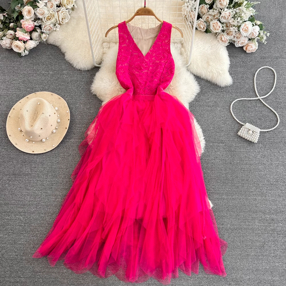 Robe longue élégante en dentelle, col en V, sans manches, coupe trapèze, 1784