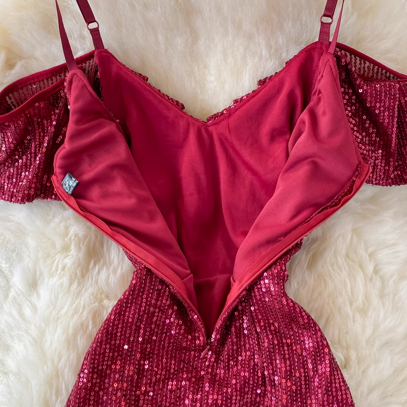 Spaghetti Strap Sequined Prom Dress Ruffled Mermaid Evening Gown 1794