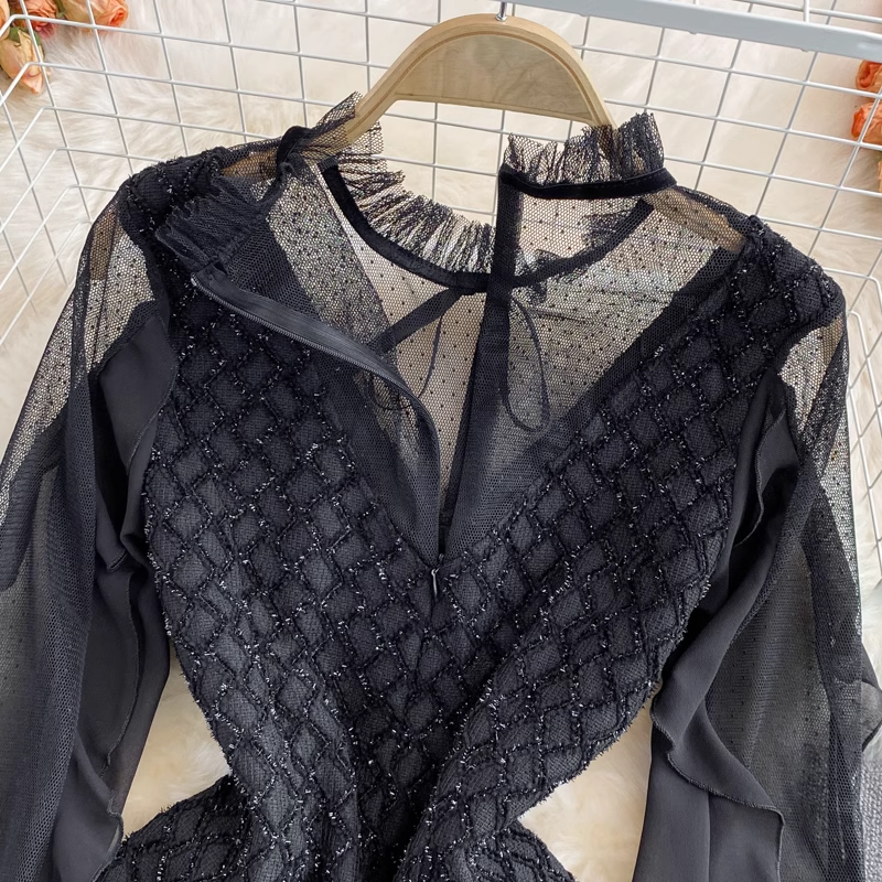 Robe à col montant à volants, robe trapèze noire en maille, collection automne 1797