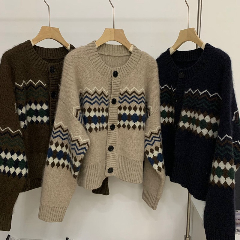 Autumn Knitted Cardigan Short Loose Round Neck Jacket 1832
