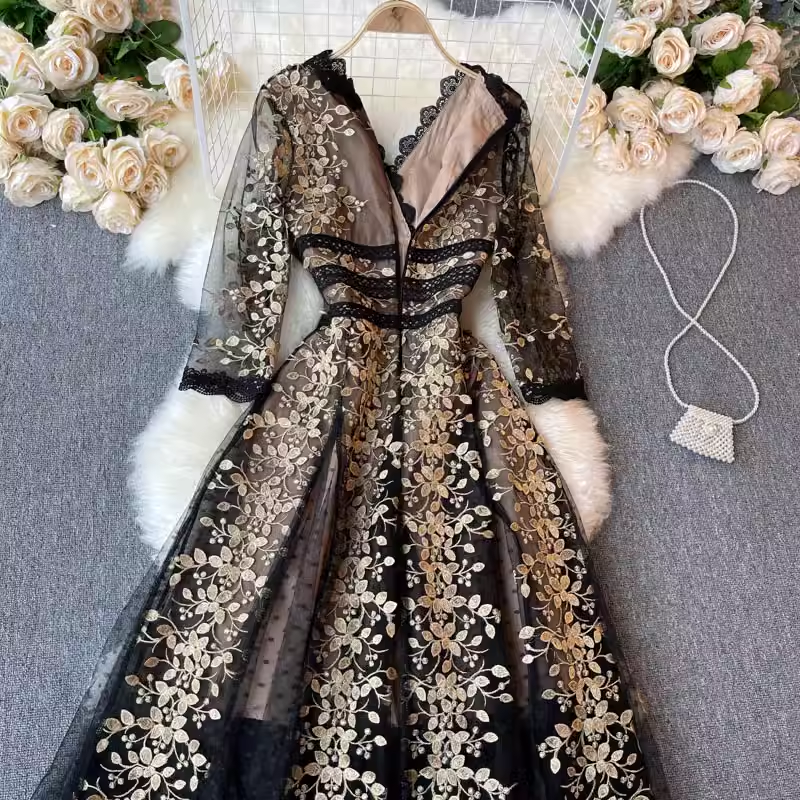 Robe trapèze à fleurs brodées et col en dentelle, robe de bal 1803
