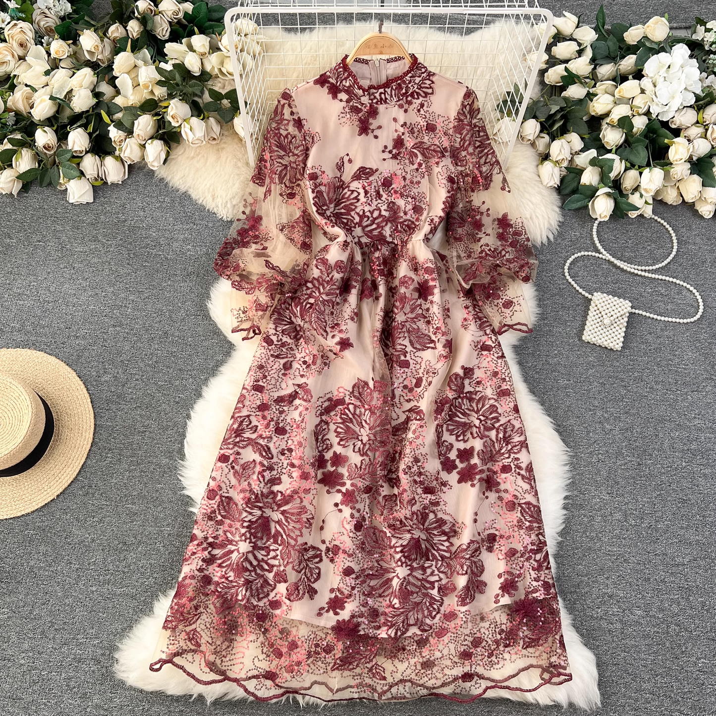 Robe élégante en maille brodée à manches longues, robe d'automne 1805