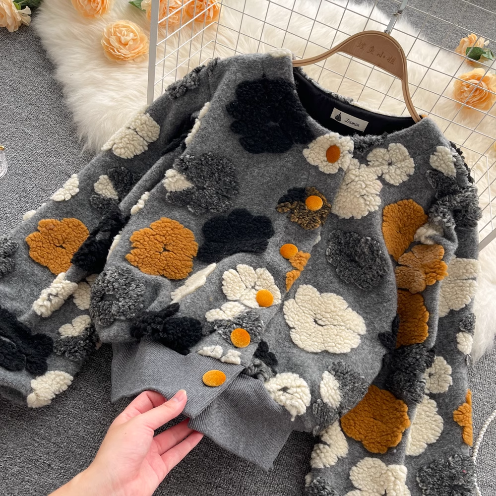 Autumn and Winter Retro 3D Flower Cardigan Short Jacket 1870