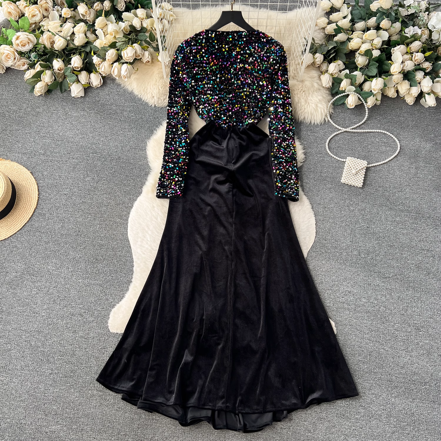 Sequins Long Sleeve Prom Dress Velvet Black Evening Gown 1864