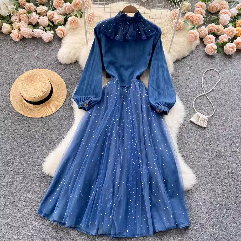 Jupe longue élégante en maille à volants automne et hiver, jupe en jean épissée 1811