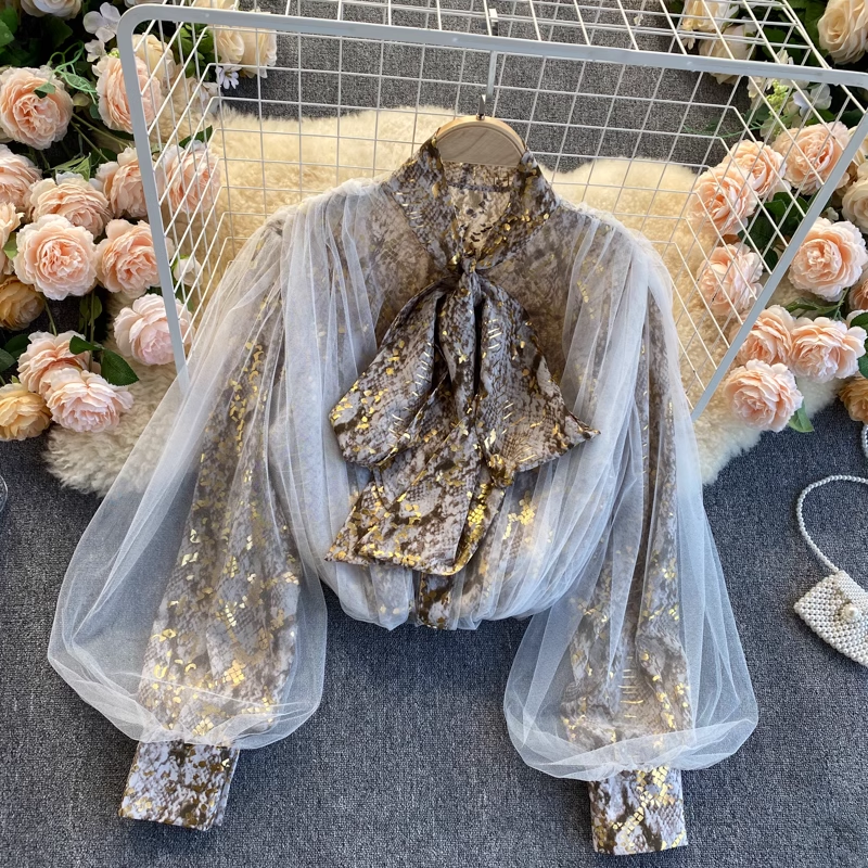 Mesh Lantern Sleeve Retro Snakeskin Pattern Shirt Women's Top 1867