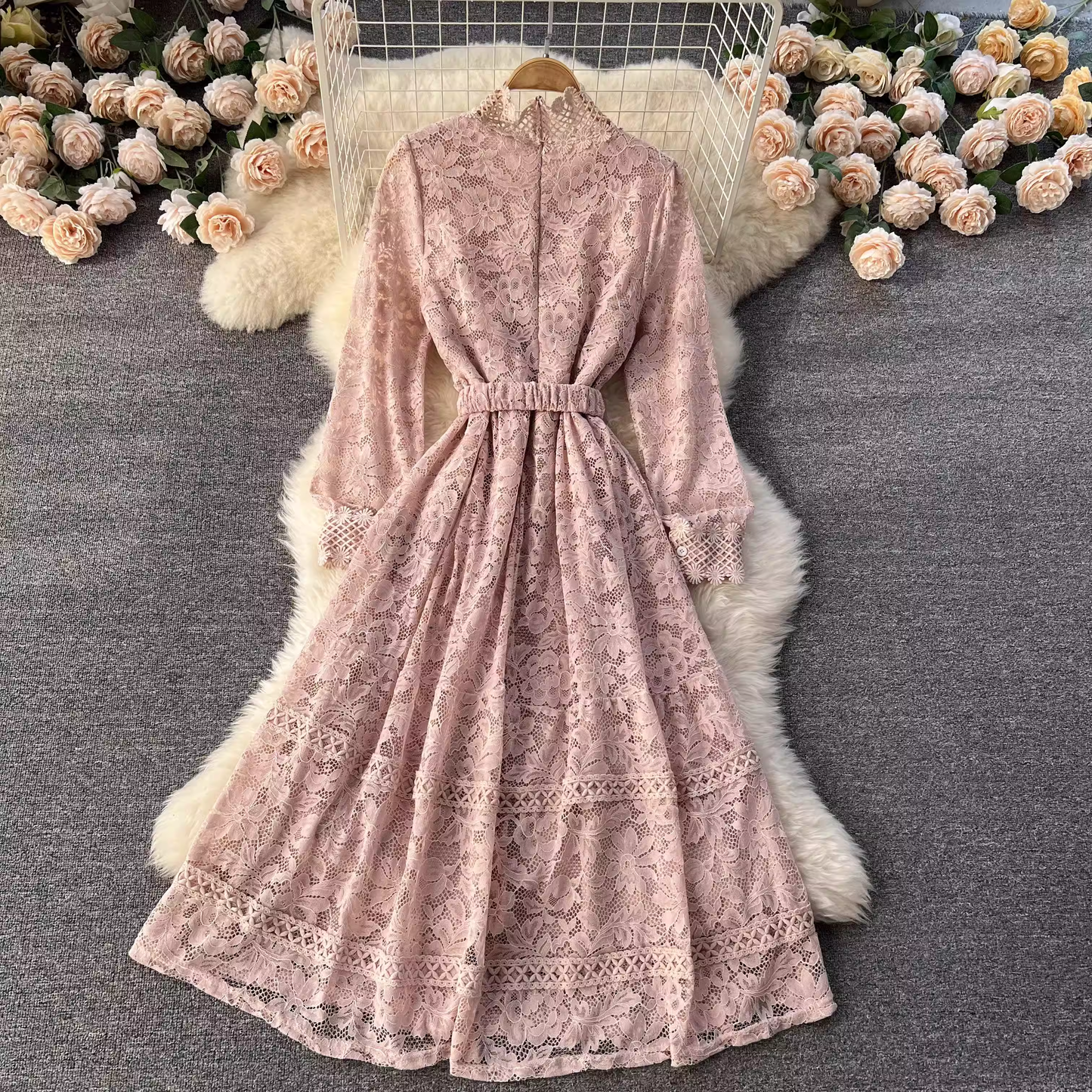 Spring and Autumn Round Neck Lace Embroidered Long Dress Elegant Dress 1852