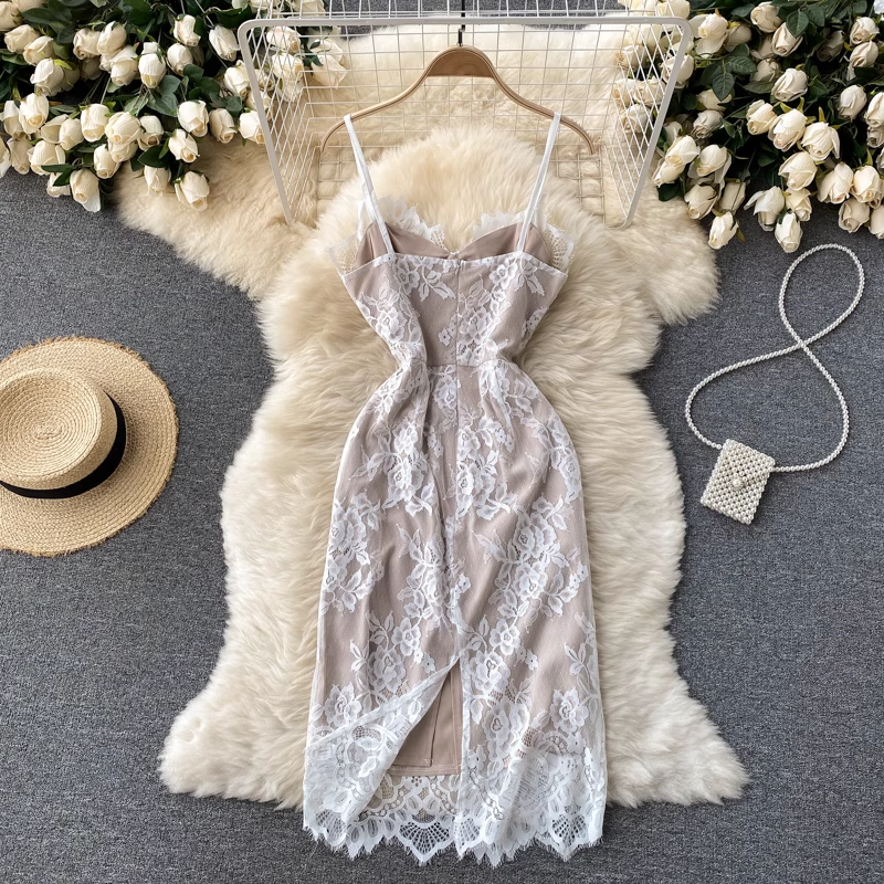 Sexy Spaghetti Straps Lace Slim Fit Mid-length Dress 1806